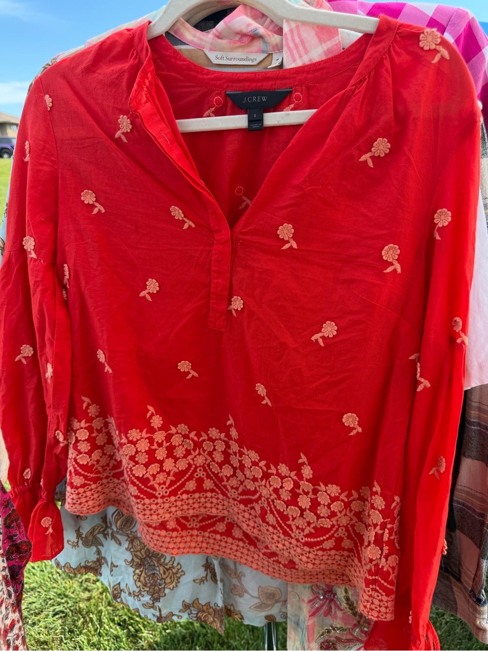 J. Crew Red Embroidered Floral Tunic Top